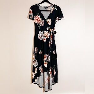 Black and Pink Floral High Low Dress